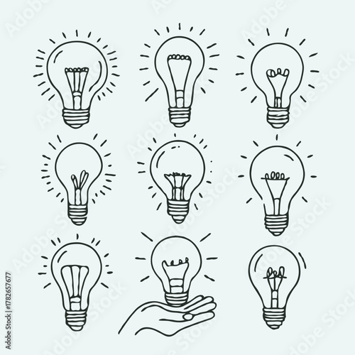 Minimalist Black And White Glowing Light Bulbs Collection, Symbol Bright Idea Lightbulb Line art. Illustration Energy power electricity Outline illumination Hand Drawn Doodle Simple icons drawing