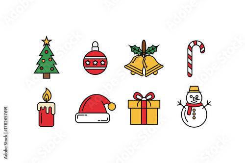 Christmas colored outline icon set. Vector collection of holiday symbols isolated on white background