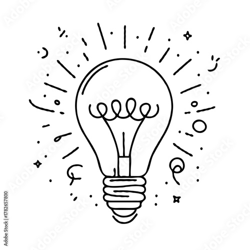 Minimalist Black And White Glowing Light Bulbs Collection, Symbol Bright Idea Lightbulb Line art. Illustration Energy power electricity Outline illumination Hand Drawn Doodle Simple icons drawing