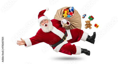 Surprised Santa Claus tumbles with overflowing gift bag, toys scattering mid-air