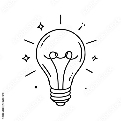 Minimalist Black And White Glowing Light Bulbs Collection, Symbol Bright Idea Lightbulb Line art. Illustration Energy power electricity Outline illumination Hand Drawn Doodle Simple icons drawing