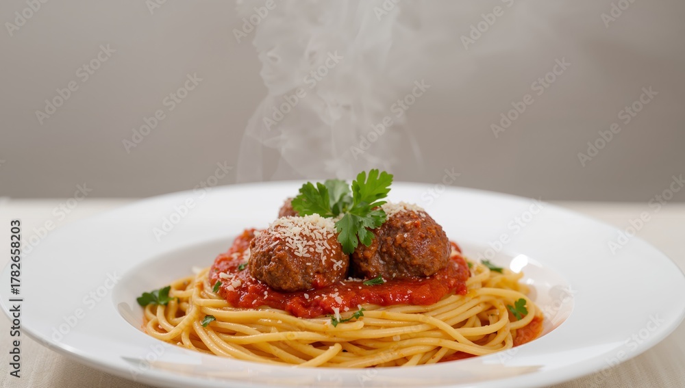 Fototapeta premium A Plate of Golden Noodles Topped with Round Portions and Red Sauce, Sprinkled with Herbs.