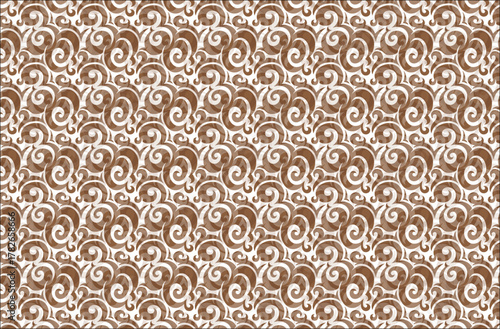 Seamless brown and white swirling curl pattern background suitable for fabric, paper, or web applications.