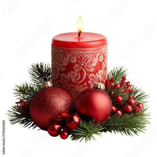 Decorative Red Candle With Ornaments and Greenery for a Festive Holiday Display