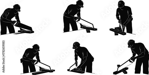 Construction worker silhouette, rebar cutting, concrete reinforcement, manual labor, building site tools, structural work, industrial safety, heavy duty equipment, construction process illustration