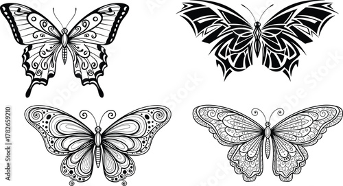 Butterfly illustration, black and white butterfly art, decorative insect drawing, ornate butterfly design, symmetrical wings, tribal butterfly pattern, lace butterfly motif, elegant