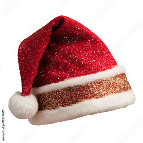Bright Red Christmas Hat With Glitter and White Trim for Festive Holiday Cele...