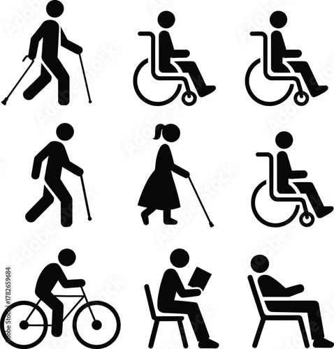 Diverse human activity and disability icons set illustration