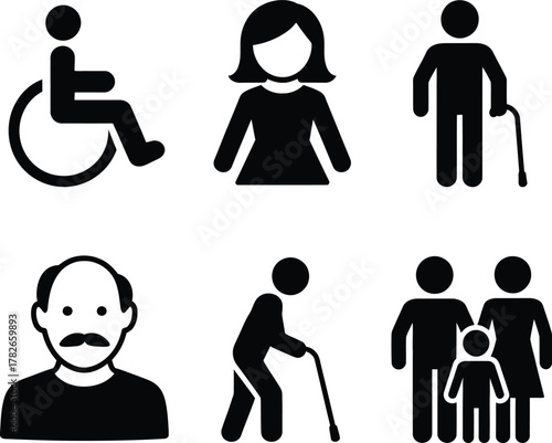 Diverse human icons set: accessibility, gender, age, and family
