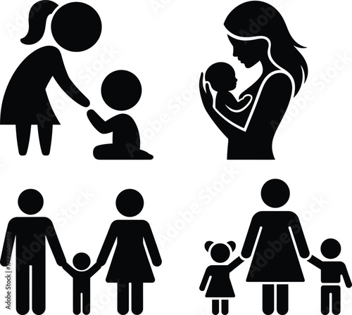 Family love and care icons: parents, children, and baby bondings