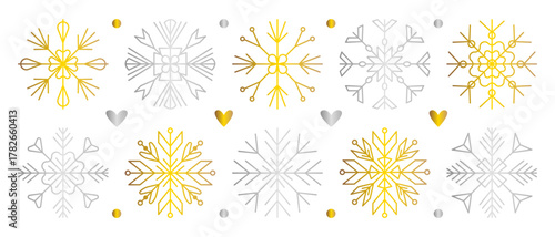Gold and silver snowflake set, shiny gradient golden and chrome snow flake collection, decorative vector symbols in various shapes, glossy line winter cliparts