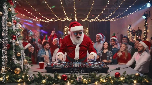 Santa DJ at Christmas Party - A Santa Claus DJ wearing sunglasses stands at a mixing board, cheering, with a crowd of excited partygoers behind him.