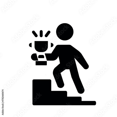 A person holding a winning trophy while climbing stairs. Illustration vector