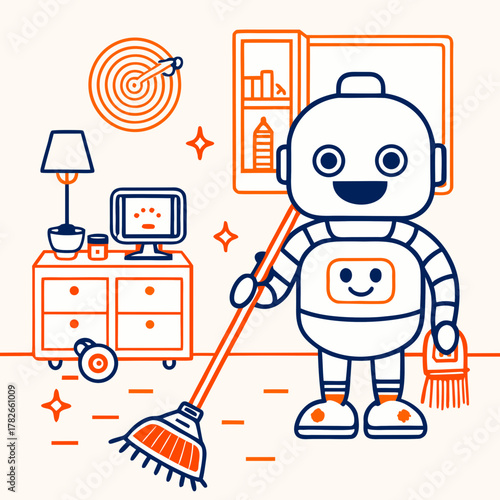 Robot Cleaning Room with Broom and Vacuum