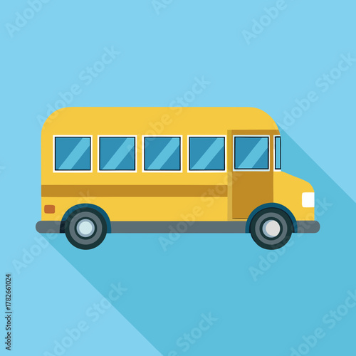 Flat Yellow School Bus on Blue Background