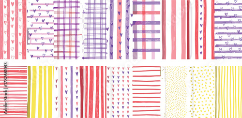 A colorful assortment of artisan seamless patterns with expressive watercolor textures, including stripes, hearts, and gingham