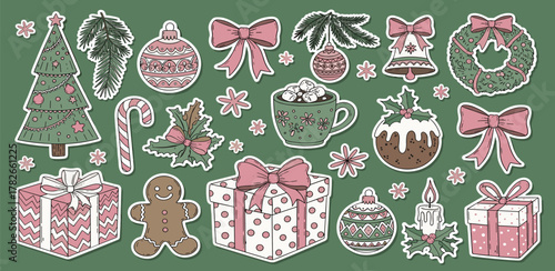 A charming vector illustration set featuring a delightful collection of festive Christmas holiday elements and decorations, perfect for seasonal designs