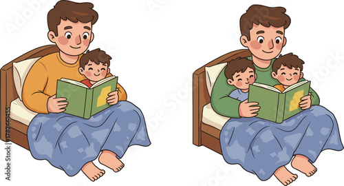 Cartoon father reading bedtime story to children in bed, family bonding illustration, cozy parenting moment, storytelling concept