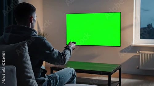 Green Screen man watching television in living room evening young guy sitting on sofa against tv with chroma back view male person switching channels using remote controller scene 1 distortion