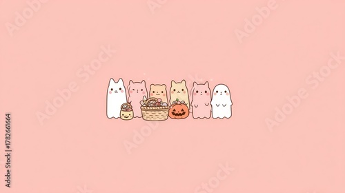 Adorable kawaii cats dressed as ghosts and animals celebrating halloween with a basket of trick or treat candy and a pumpkin.