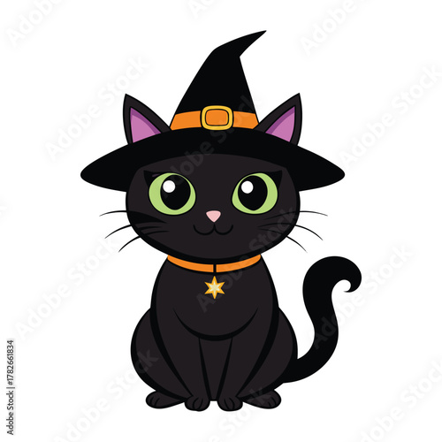 black cat wearing witch hat, halloween clip art preview