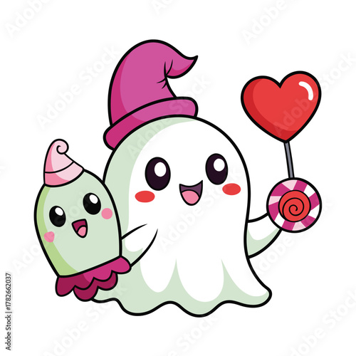 Cute Cartoon penguin couple illustration with hearts and pink design