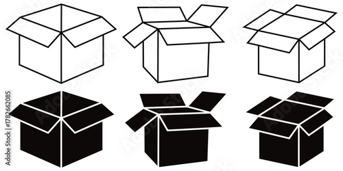 Cardboard Box Icon Set – Open and Closed Packaging Carton Vector Collection for 
Shipping and Delivery Design