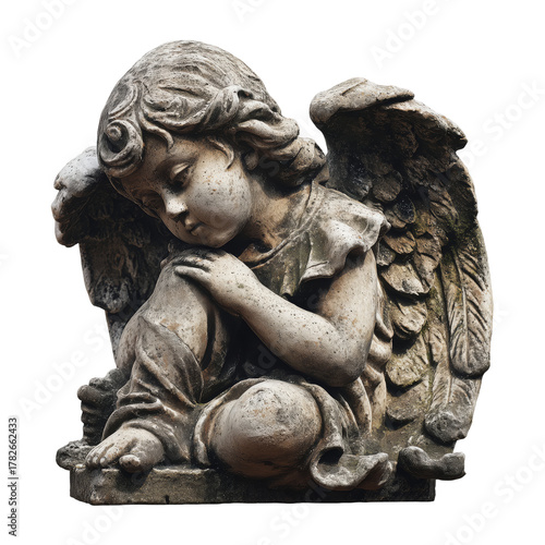 Stone Angel Sculpture Kneeling With Hands in Prayer, Symbolizing Peace and Sp...