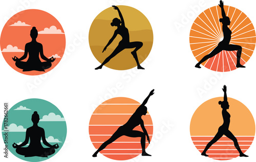 Yoga pose icons, meditation silhouette design, colorful circular backgrounds, mindfulness vector art, fitness exercise illustration, spiritual practice artwork, healthy lifestyle graphics