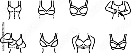 Bra fastening styles, front clasp, back closure, adjustable straps, fashion undergarment, torso view, vector outline, cad drawing flat vector illustration