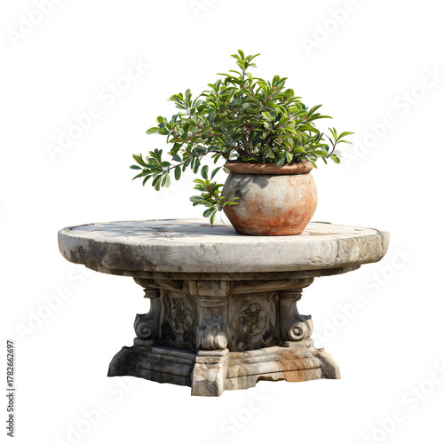 Decorative Stone Table With Potted Plants in a Simple Outdoor Setting