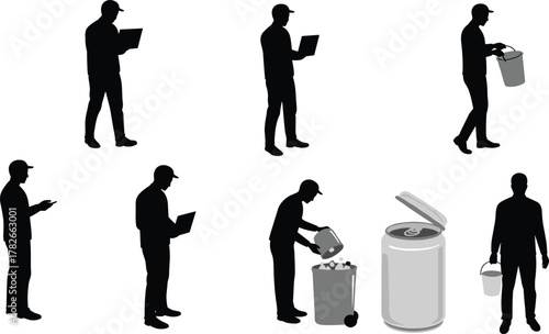 Waste management illustration, garbage disposal process, recycling workflow vector, sanitation worker silhouettes, environmental service design, trash collection steps, eco friendly education artwork