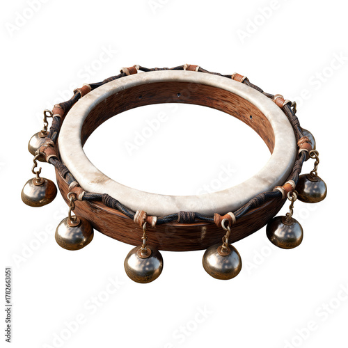 Traditional Musical Instrument With Jingles Displayed on a Wooden Surface