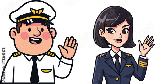 Cartoon male and female pilots smiling and waving hands, professional airline crew characters in uniform aviation concept illustration
