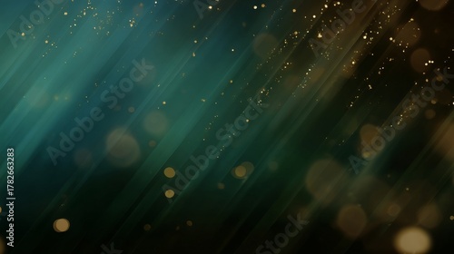 Dynamic dark teal abstract background texture featuring diagonal golden light streaks, falling particles, and deep bokeh effects.