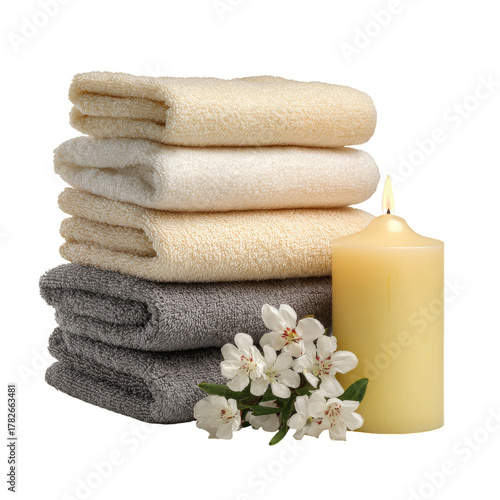 Soft Towels, a Candle, and Fresh Flowers Create a Calming Spa Atmosphere for ...