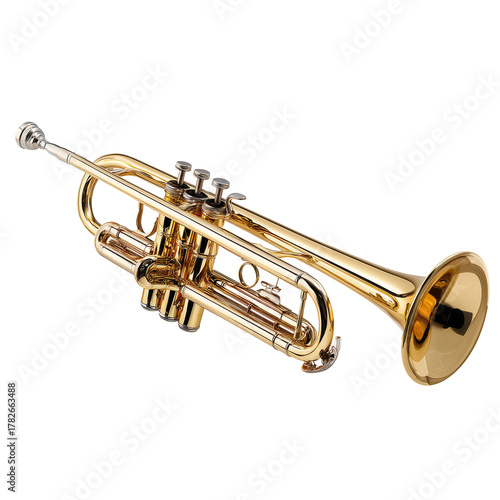 Shiny Brass Trumpet Resting on a Surface Ready for a Musical Performance at a...