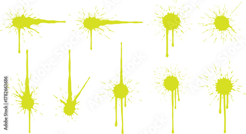 Bright yellow green paint splatter and dripping stains illustration isolated on white background, perfect for graffiti designs, artistic effects, textures, posters, and decorations
