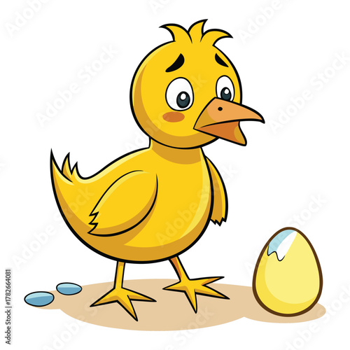 Cute cartoon baby chick on farm illustration with egg and hen