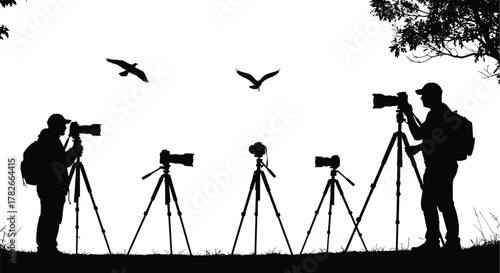 Silhouette, wildlife, photographers, tripods, cameras, birdwatching, nature, forest, outdoor, birds, flying, sky, trees, grass, adventure, gear, equipment, hobby, travel, exploration, dusk,