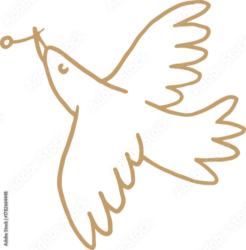 Whimsical line art illustration of white dove bird with branch. Vector Christmas doodle graphic