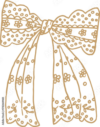 Whimsical line art golden illustration of a lace bow. Vector Christmas doodle graphic