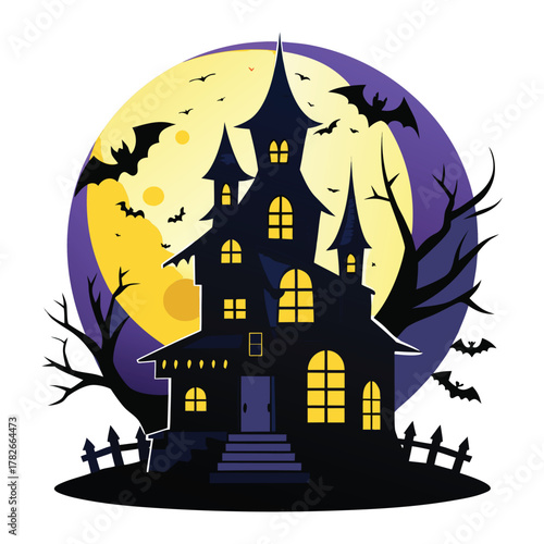 halloween pumpkin house with bats and moon at night