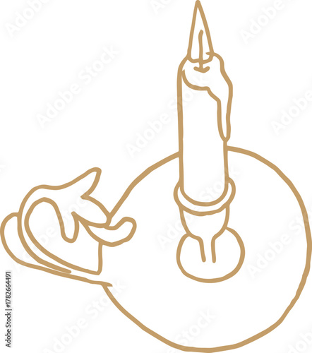 Photography Whimsical line art golden illustration of lit candle on candleholder