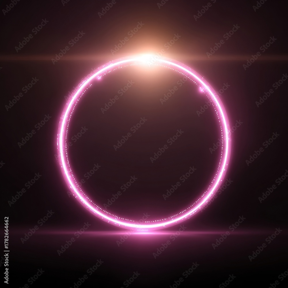 Obraz premium Neon pink glowing futuristic circular frame with bright orange light flare on a dark abstract background.