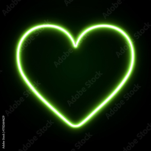 Neon green glowing heart shape outline sign on a solid black background, ideal for digital design and vibrant light concepts.