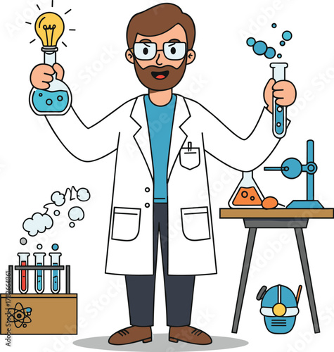 Cartoon scientist character experimenting with chemical flasks in laboratory, science research concept, innovation idea and chemistry illustration