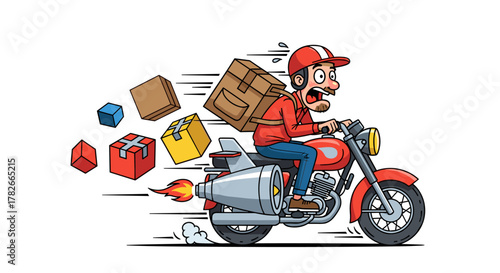 Express Delivery Courier Riding a Rocket-Powered Motorcycle with Packages