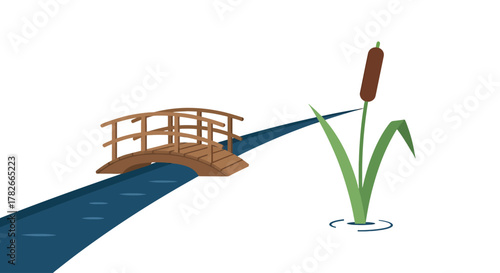 A simple wooden arched bridge crossing a blue stream next to a single cattail reed.