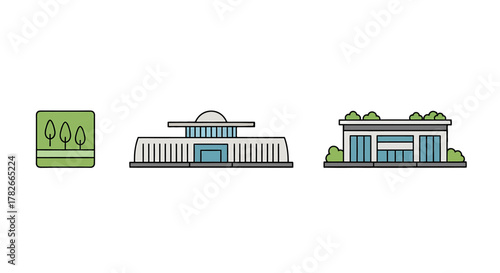 A set of three minimalist vector icons depicting modern architecture and a stylized park symbol.